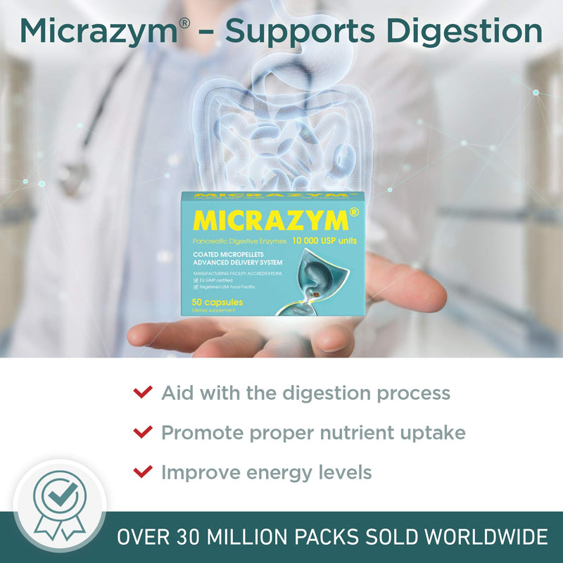 [Australia] - AVVA Pharmа Micrazym Pancreatic Enzymes - 10,000 USP Effective Pancreatic Enzyme Supplements - Digestive Enzymes for Digestion - 50 Fast-Acting Capsules with Amylase, Lipase and Protease 