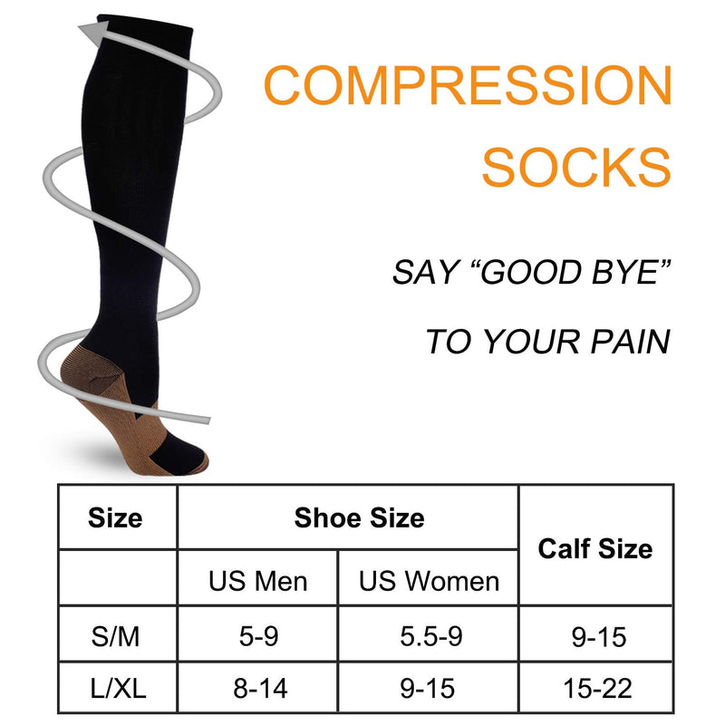 [Australia] - 7 Pairs Copper Compression Socks for Men Women 20-30 mmHg Knee High Stockings Black Large/X-Large (7 Pair) 
