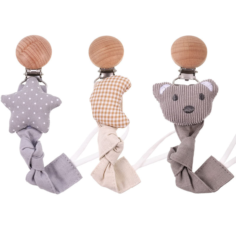 [Australia] - RosewineC 3 Pcs Dummy Clips,BPA Free Soother Pacifier Chain Holder Clips, Personalised Dummy Strap for Unisex Boys Girls Baby and Newborn(Brown+Grey) Brown+Grey 