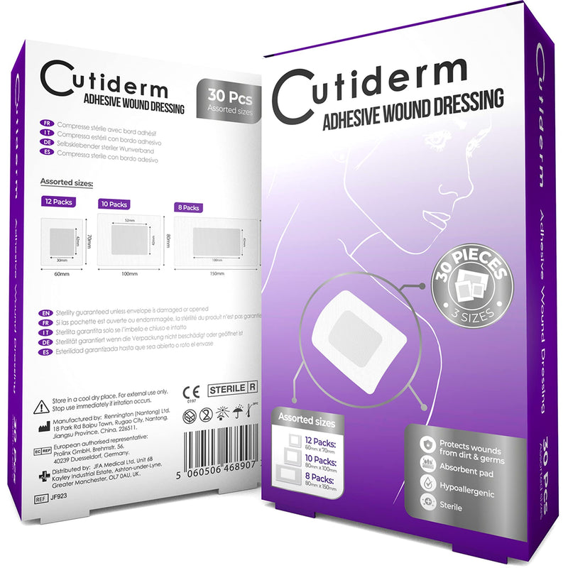 [Australia] - Pack of 30 Cutiderm Assorted Adhesive Sterile Wound Dressings Suitable for cuts and grazes, Diabetic Leg ulcers, venous Leg ulcers, Small Pressure sores 
