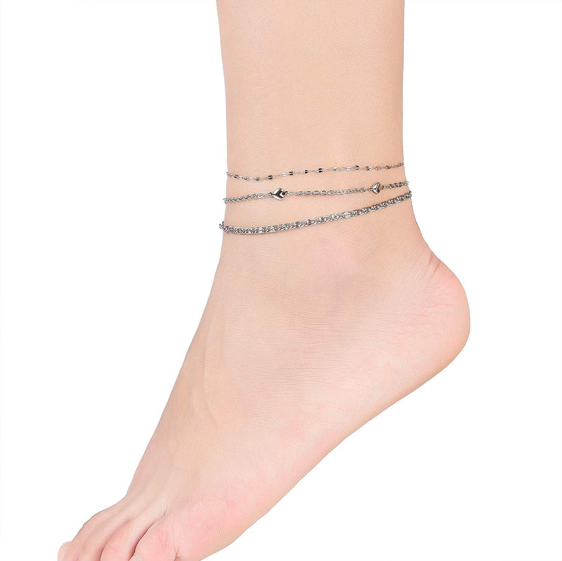 [Australia] - hoduar Stainless Steel Anklet, Two Tone Cross Ankle Bracelets Adjustable Beads Jewelry Chains 3Pcs Set [8.2"+2"] Gift for Women d:heart 