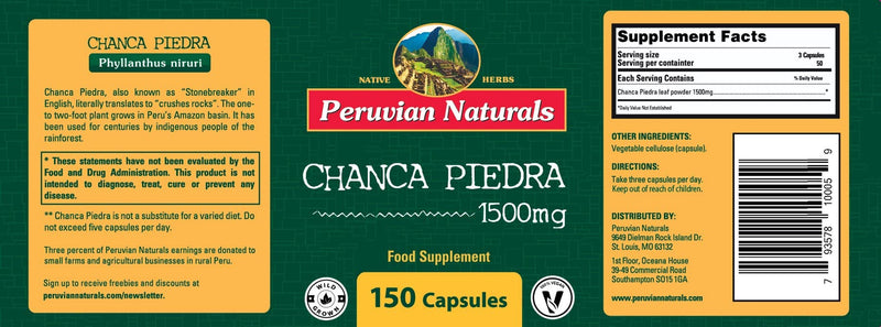 [Australia] - Peruvian Naturals Chanca Piedra Capsules “Stone Breaker” – Kidney Support Supplement - Pack of 150 - Vegan Pills, 100% Natural Chancapiedra Grown in Peru 