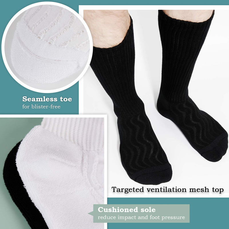 [Australia] - MD 6 Pairs Non-Binding Men's Cushioned Moisture Wicking Bamboo Diabetic Crew Dress Socks 10-13 3Black/3White 