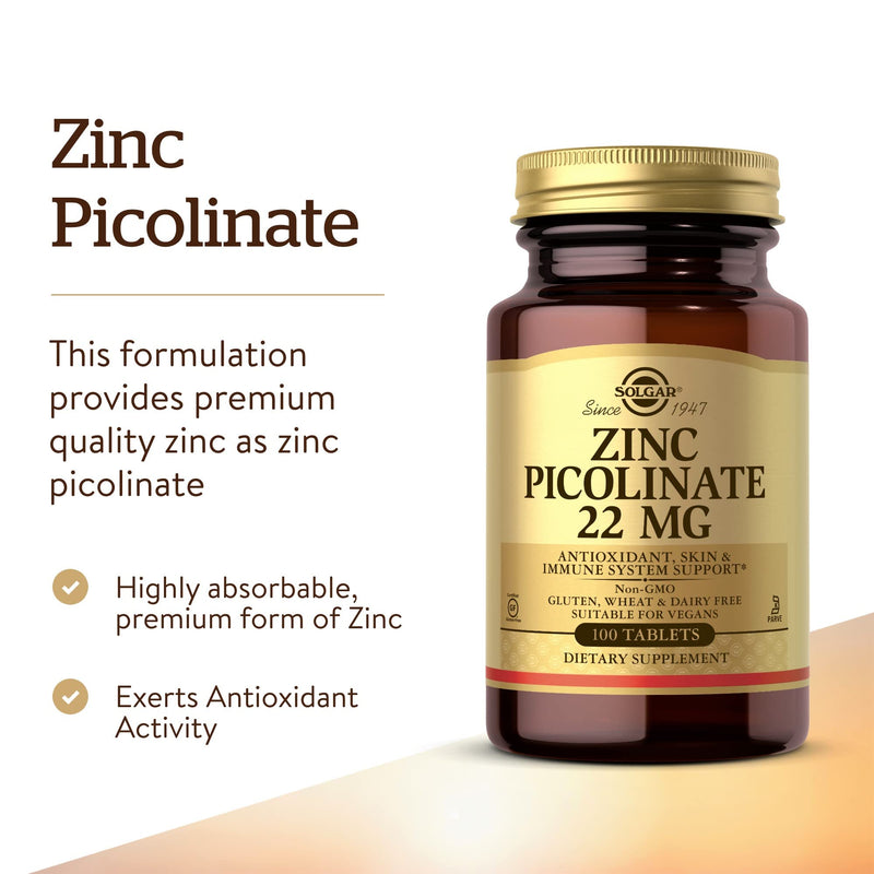 [Australia] - Solgar Zinc Picolinate 22 mg, 100 Tablets - Promotes Healthy Skin - Supports Immune System, Normal Taste & Vision - Antioxidant - Non GMO, Vegan, Gluten Free, Dairy Free, Kosher - 100 Servings 