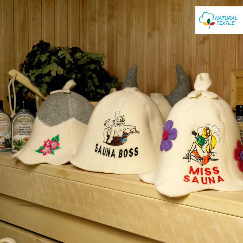 [Australia] - Natural Textile Sauna Hat 'Sauna Mommy' White - 100% Organic Wool Felt Hats for Russian Banya - Protect Your Head from Heat - English Sauna eBook Guide Included - with Embroidery 