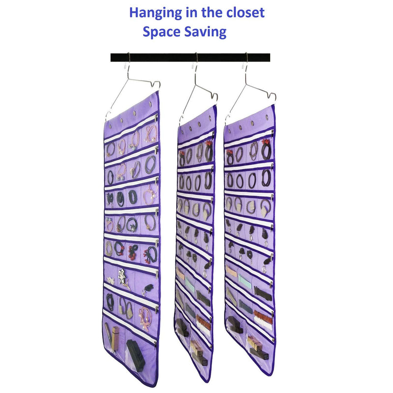 [Australia] - ANIZER Dual Sided Hanging Jewelry Organizer with Hanger for Closet Necklace Earrings Bracelet Ring Travel Holder (56 Zippered Clear Pockets Purple) 56 Zippered Clear Pockets Purple 