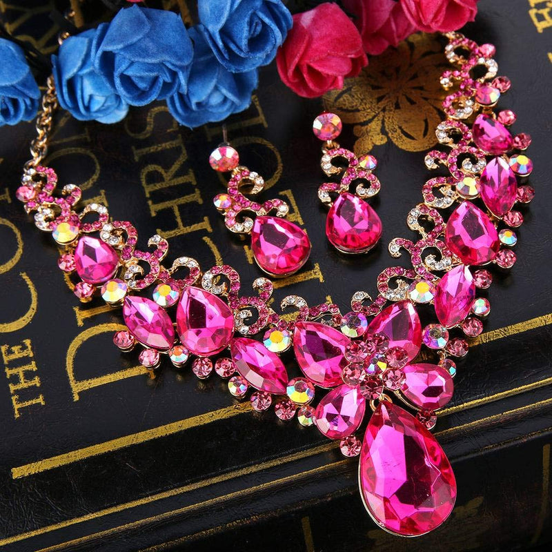 [Australia] - BriLove Women's Costume Fashion Crystal Teardrop Marquise Butterfly Filigree Enamel Statement Necklace Dangle Earrings Set 06-Fuchsia Gold-Tone 