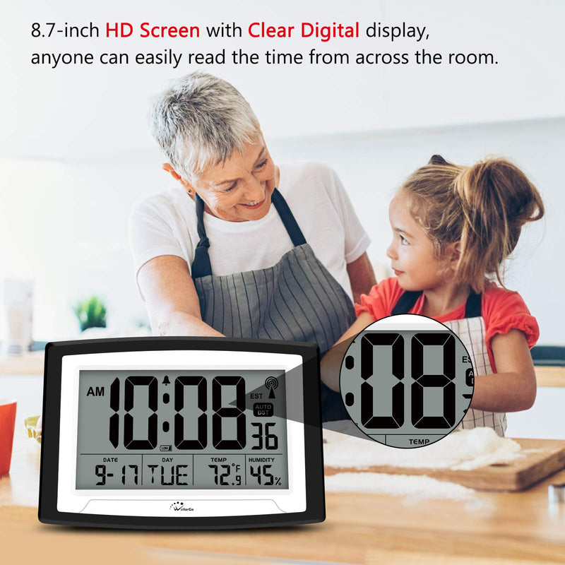 [Australia] - WallarGe Atomic Clock with Indoor Temperature and Humidity,Self-Setting Digital Wall Clock or Desk Clock,Battery Operated Alarm Days Digital Clock Large Display for Seniors,Auto DST. Black 