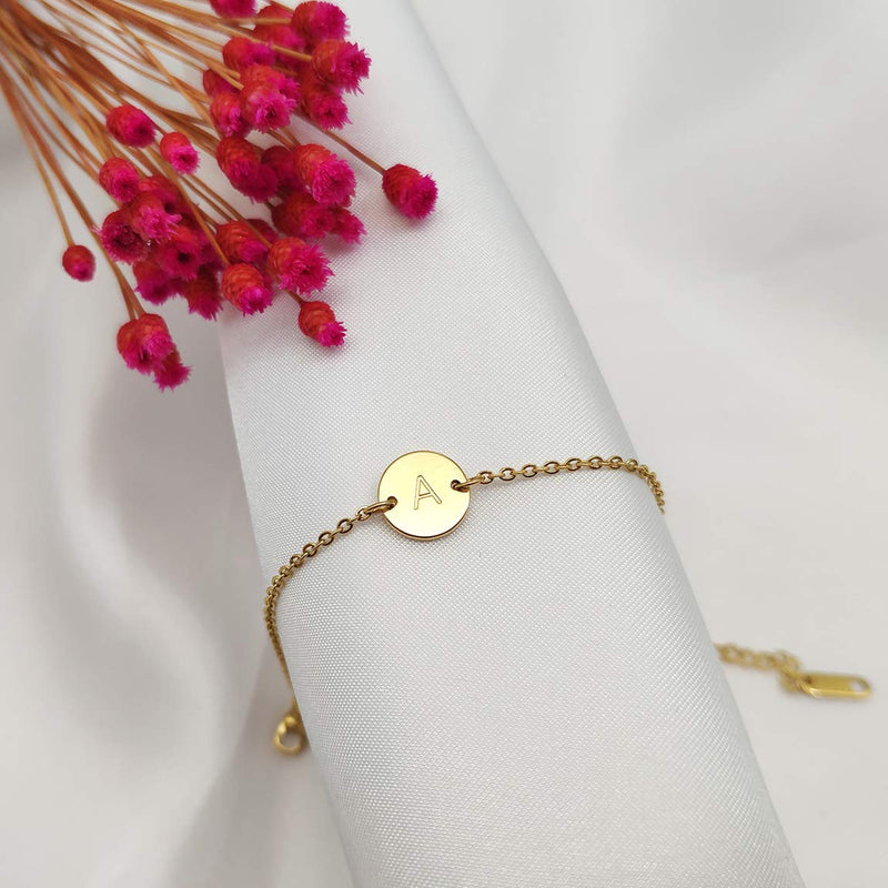 [Australia] - Glimmerst Personalized Initial Bracelet, 18K Gold Plated Stainless Steel Letter Bracelet Dainty Coin Charm Bracelet Delicate Disc Name Bracelet for Women Girls A 