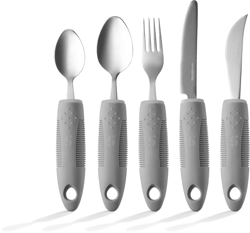 [Australia] - Special Supplies Adaptive Utensils (5-Piece Kitchen Set) Wide, Non-Weighted, Non-Slip Handles for Hand Tremors, Arthritis, Parkinson’s or Elderly Use - Stainless Steel Knives, Fork, Spoons - Grey 