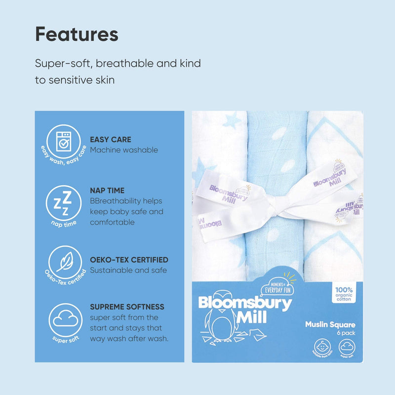 [Australia] - Bloomsbury Mill - Pack of 6 - 100% Organic Cotton Muslin Squares – Breathable & Soft Baby Cloths – Essential Newborn Gift in Stars, Chevrons & Polka Dots Designs - Blue & White - 70cm x 70cm 