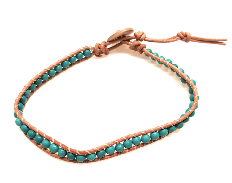 [Australia] - Infinityee888 Turquoise Anklet Bracelet Woven with Light Brown Leather Cord Handmade Hippie Bohemian Unisex Anklet for Men, Women MJTQL1 