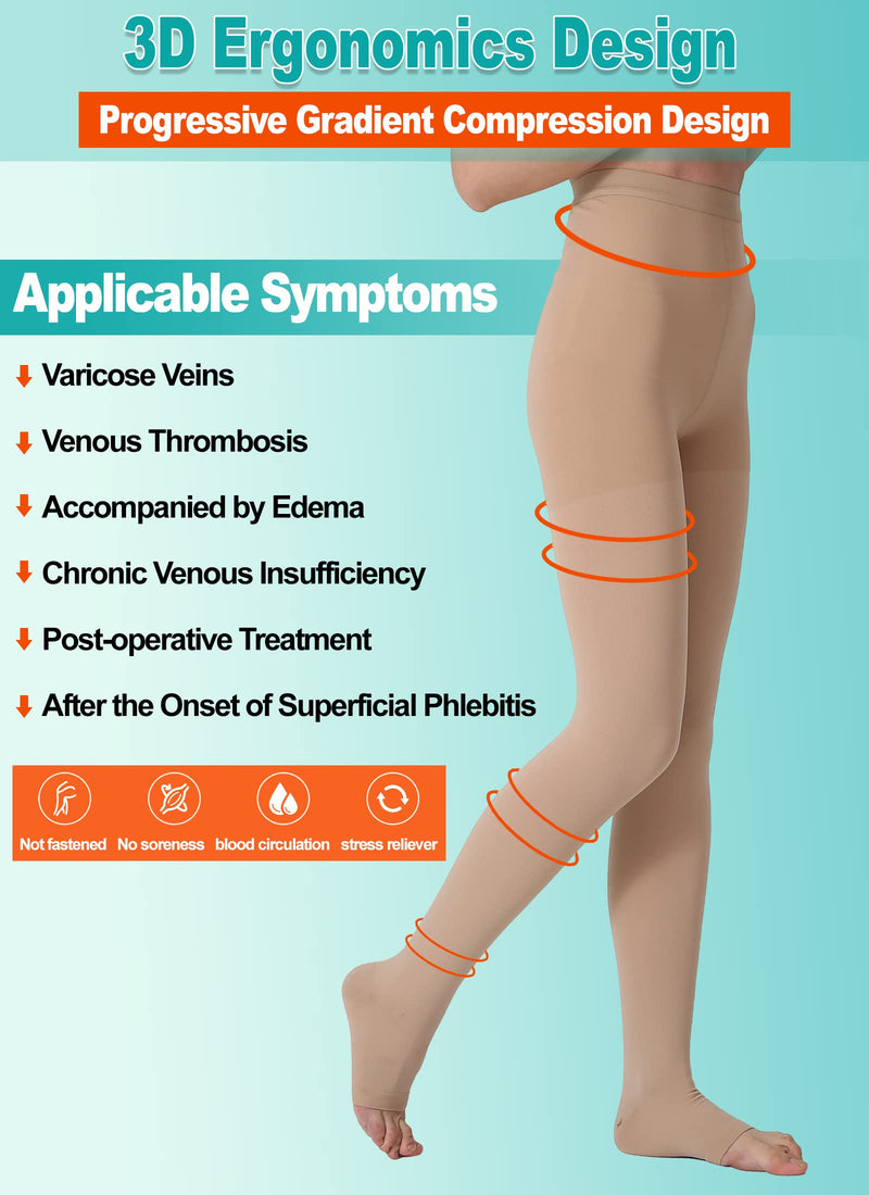 [Australia] - MGANG® Compression Pantyhose, Open Toe, Waist High Compression Stockings Opaque, 20-30 mmHg Medical Pantyhose, Firm Support Hose for Women & Men, Edema, Varicose Veins, Swelling, Nursing, Beige Medium 20-30mmhg Beige Open-toe 