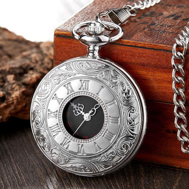 [Australia] - Vintage Quartz Pocket Watch Men Hollow Numerals Carving Case Clock Pendants with Chain silver 