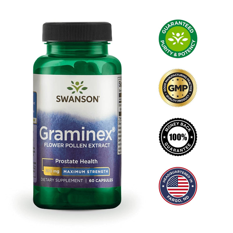 [Australia] - Swanson Maximum Strength Graminex Flower Pollen Extract - Supports Prostate Health, Urinary Tract Function, and Kidney Health - Mens Health Supplement - (60 Capsules, 500mg Each) 1 