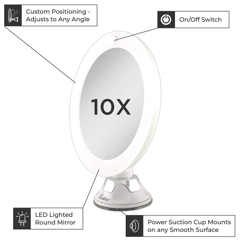 [Australia] - Zadro LED Lighted 10X Magnification Z'Swivel Power Suction Cup Vanity Wall Mount Beauty Makeup Mirror, White 