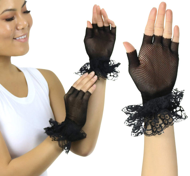 [Australia] - ToBeInStyle Women’s Whimsical Lace Ruffle Wrist Trim Fishnet Fingerless Gloves One Size Regular Black 