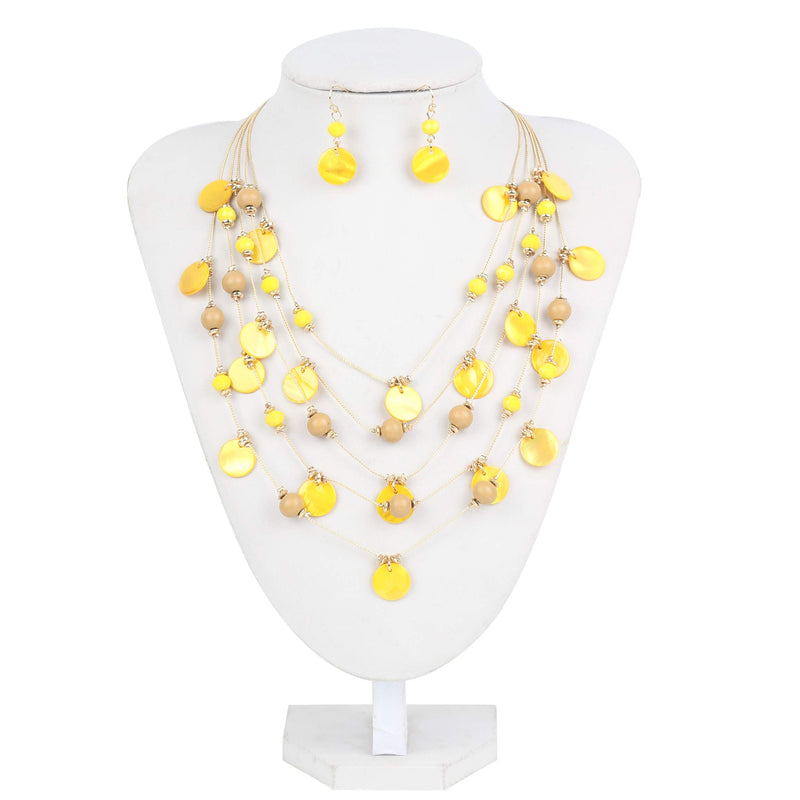 [Australia] - Firstmeet Handmade Multi-Layer Round Shell Wooden Beads Necklace with Earrings Yellow 