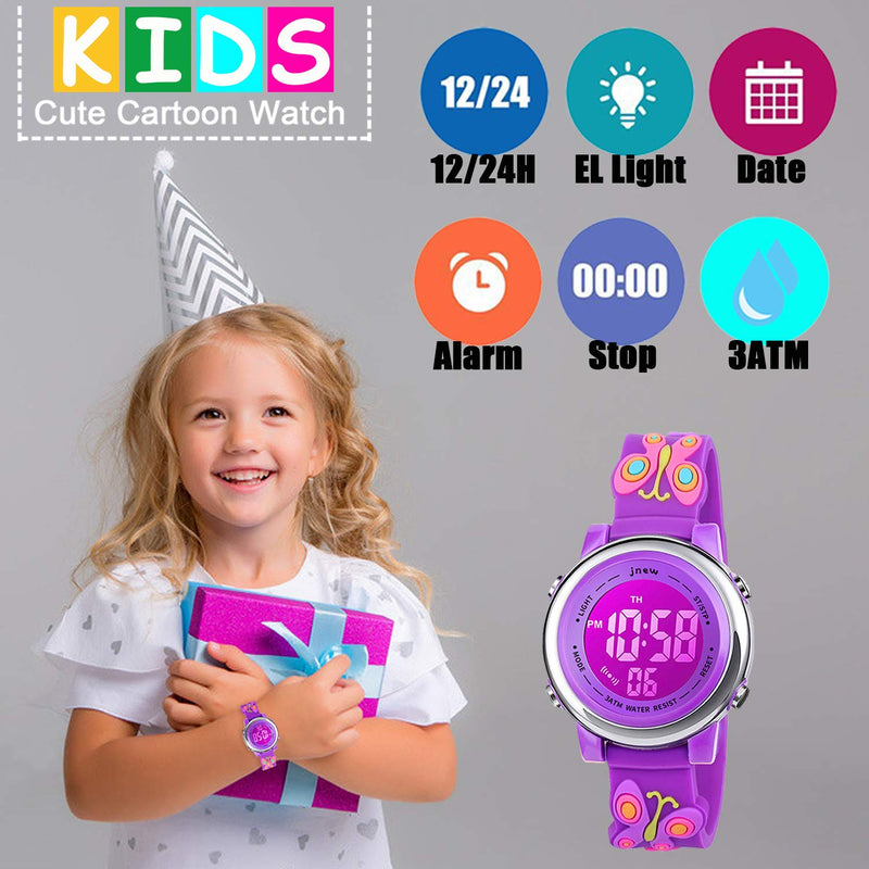 [Australia] - Kids Watch 3D Cartoon Toddler Wrist Digital Watch Waterproof 7 Color Lights with Alarm Stopwatch for 3-10 Year Boys Girls Little Child Big Butterfly Purple 