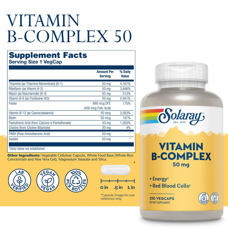 [Australia] - Solaray Vitamin B-Complex, Healthy Energy & Red Blood Cell Formation Support & More, 250 Servings, 250 VegCaps 