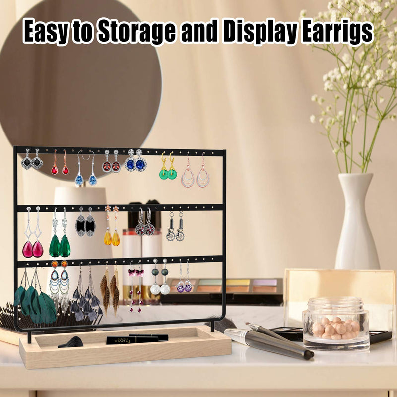 [Australia] - Earrings Organizer Jewelry Display Stand, 3-Tier Earring Holder Rack with Wooden Tray for Earrings Necklaces Bracelets and Rings Large Storage Earring Jewelry Display Tree as Women Girls Gift Black 