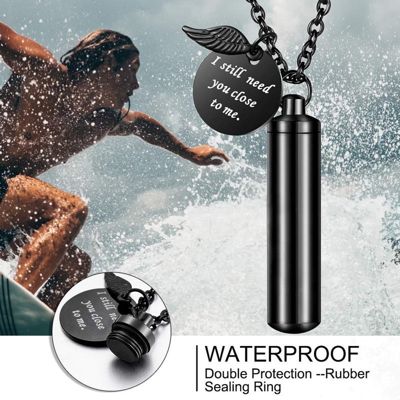 [Australia] - abooxiu Cylinder Urn Necklace for Ashes Cremation Jewelry/Keychain for Human Pet Stainless Steel Memorial Keepsake Pendant with Angel Wing Charm Ashes Jewelry Black L non-engraving 