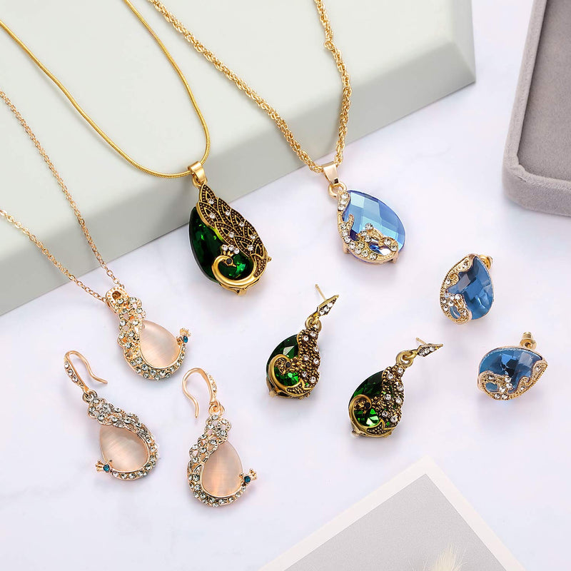 [Australia] - Hicarer 6 Pieces Women Elegant Necklace Set Peacock Waterdrop Rhinestone Pendant Necklace Crystal Peacock Pattern Earrings Jewelry 