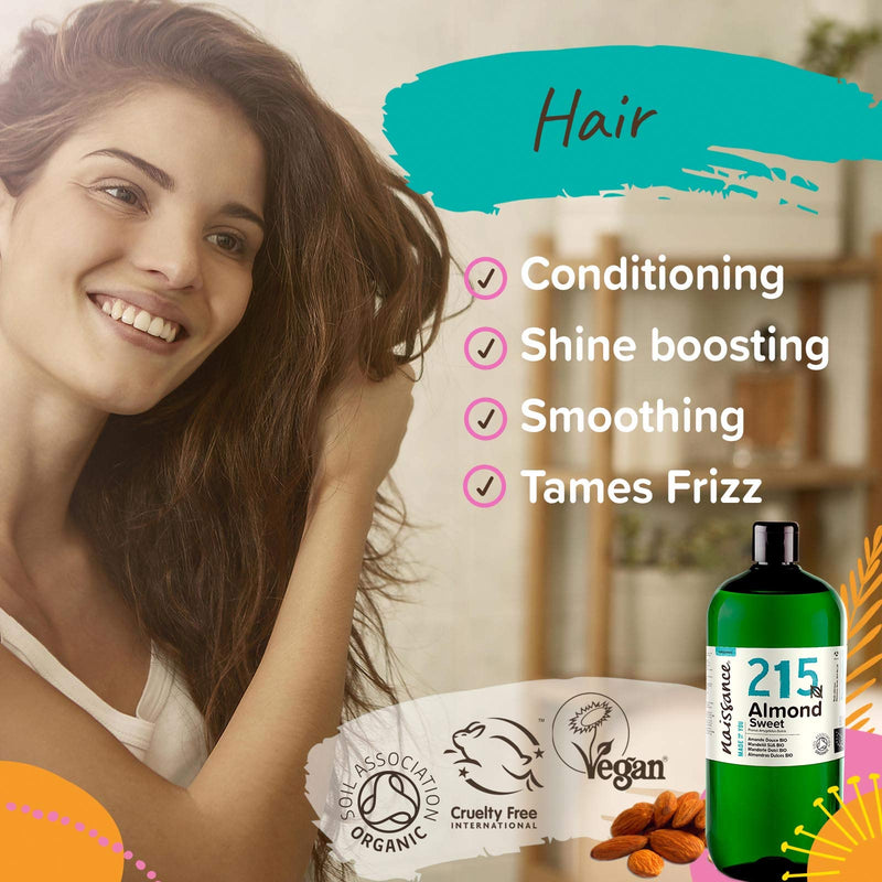 [Australia] - Naissance Certified Organic Sweet Almond Oil (no. 215) 1 Litre ‚Äì For Skin Hair Massage Nails Ears Face Body Stretch Marks - Natural Skin Care Cold Pressed Unrefined Food Grade Carrier Oil Aromatherapy 