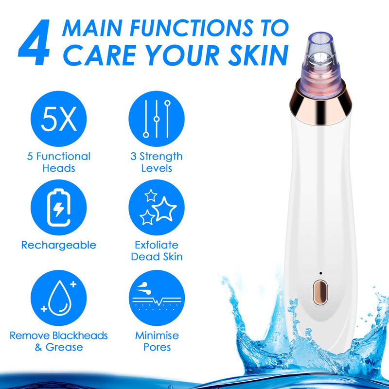 [Australia] - Blackhead Remover Pore Vacuum,5 in 1 Rechargeable Blackhead Vacuum Tools Kit with 3 Adjustable Strength, Electric Comedo Suction Device with 5 Blackhead Extractor White 