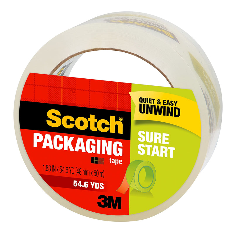 [Australia] - Scotch Sure Start Shipping Packaging Tape, 1.88" x 54.6 yd, Designed for Packing, Shipping and Mailing, Quiet Unwind, No Splitting or Tearing, 3" Core, Clear, 1 Roll (345) 1.88" x 54.6 yards 