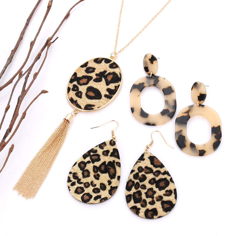 [Australia] - Leopard Necklace Earrings Wrap Bangle Bracelets for Women Leather Drop Earrings Resin Acrylic Earrings Long Tassel Pendant Necklace Statement Print Leopard Jewelry Set Style A 