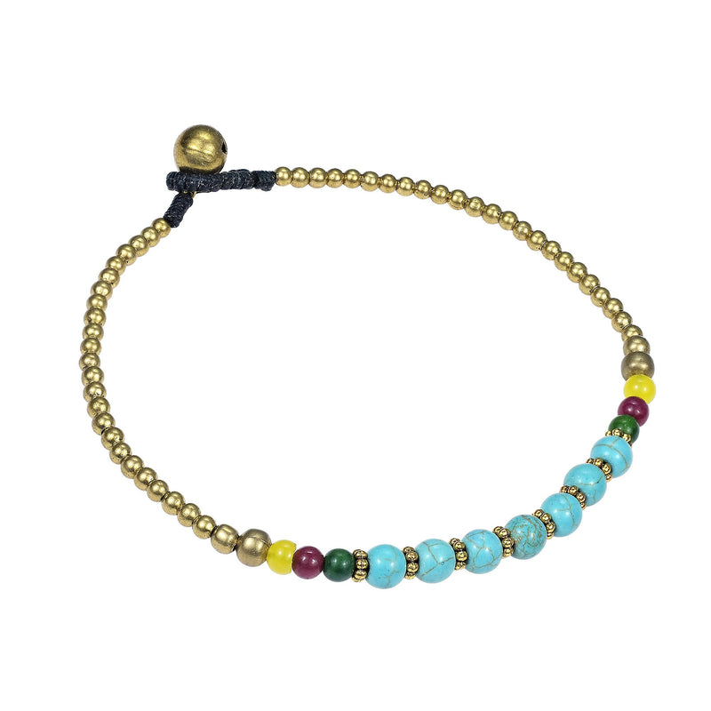 [Australia] - AeraVida Tribal Round Simulated Turquoise Stone Brass Beads Link Charm Anklet 