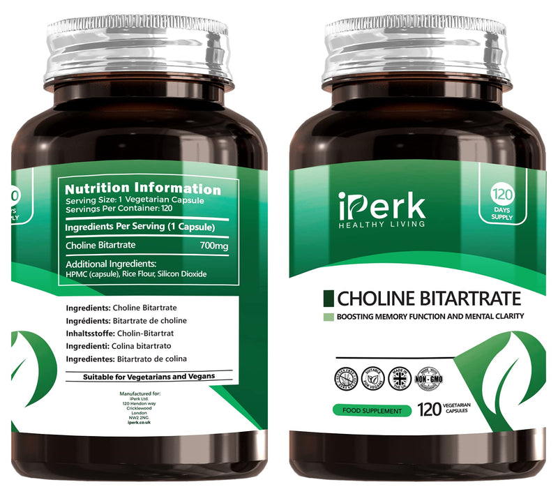 [Australia] - Choline Bitartrate Supplement 700mg 120 Capsule Nootropics Supplement Non-GMO, Suitable for Vegetarians & Manufactured in The UK 