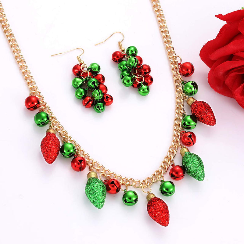 [Australia] - YAHPERN Christmas Necklaces for Women Girls X-Mas Jingle Bell Light Bulbs Chunky Collar Necklaces Jingle Bell Drop Dangle Earrings Set A :Light Bulbs 