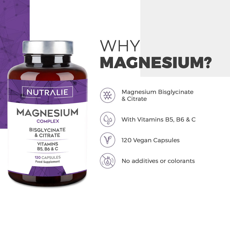 [Australia] - Magnesium Glycinate Complex - 2145mg Bisglycinate + Citrate Magnesium Supplements - Vitamins C B5 B6 - High Strenght Chelated Magnesium - 120 Capsules Nutralie 