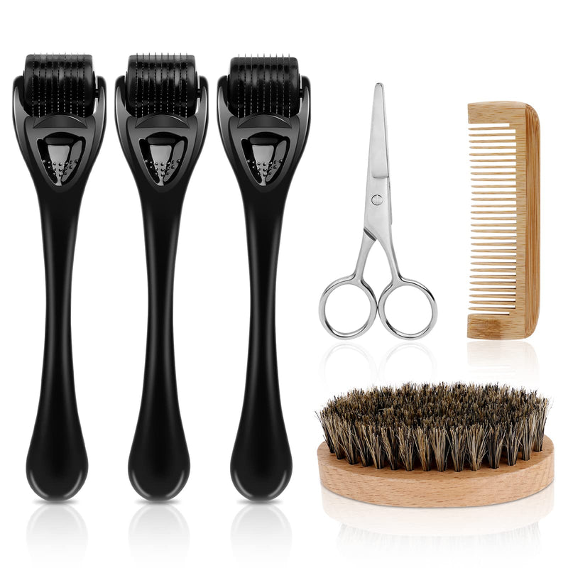 [Australia] - URAQT Beard Growth Kit, 6 Piece Beard Grooming Tools, Beard Derma Roller (0.5mm,1mm,1.5mm), Titanium Microneedle Beard Roller with Beard Brush Beard Scissors Comb for Men Beard Rapid Growth 6PCS 