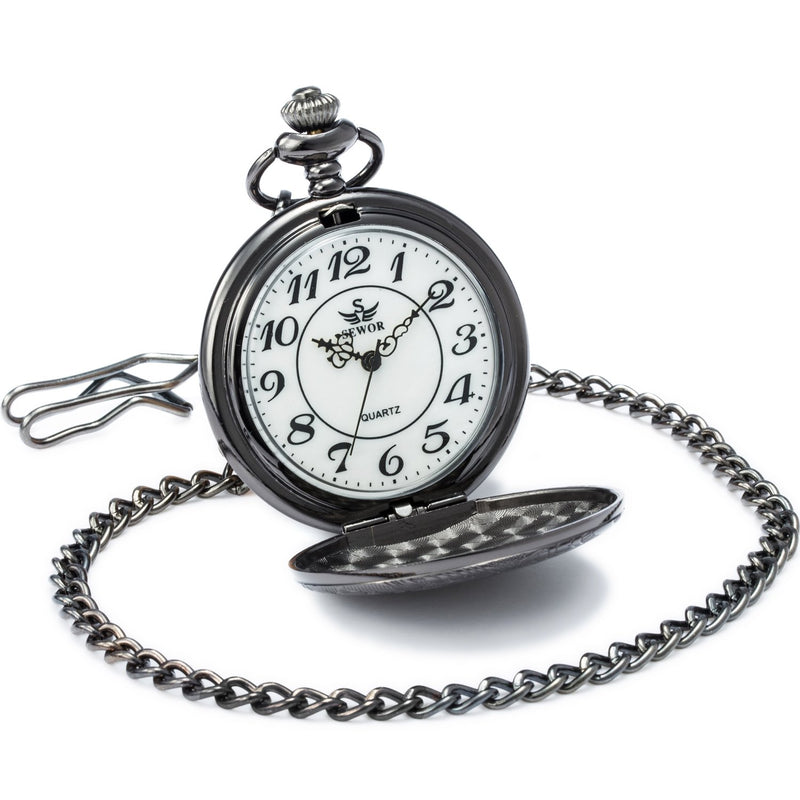 [Australia] - SEWOR Bronze Flowers Vintage Quartz Pocket Watch Shell Dial with Two Type Chain(Leather+Metal) Black 