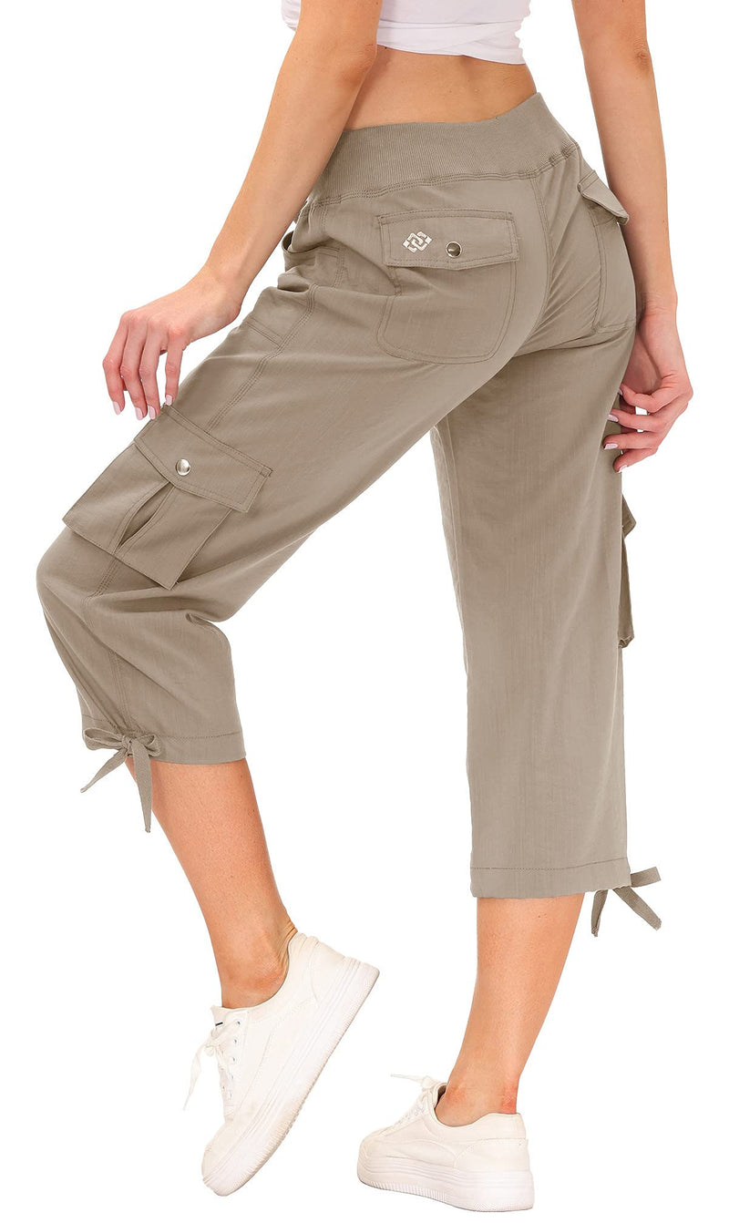 [Australia] - MoFiz Women's Relaxed-Fit Capri Pants 3/4 Length Cropped Trousers Casual Sports Pants with Cargo Pockets M Khaki 