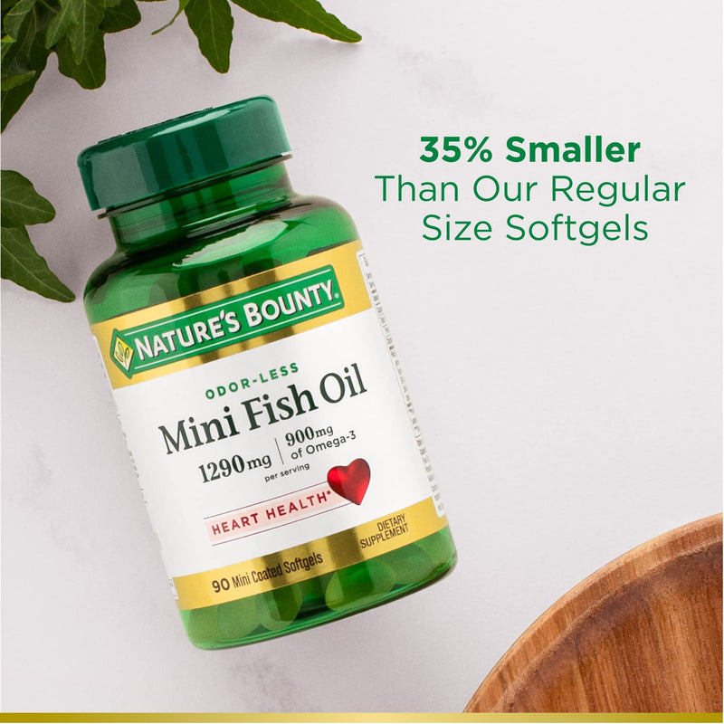 [Australia] - Nature’s Bounty Mini Fish Oil Softgels 1290 mg, Omega-3, Supports Heart Health, Odor-Less, 90 Mini Coated Softgels 