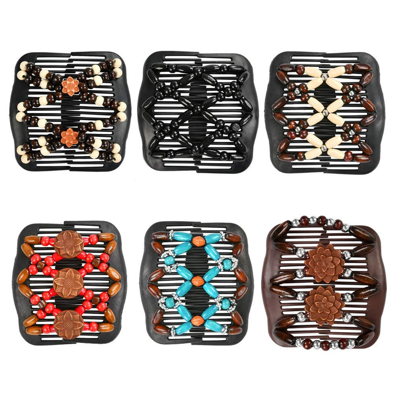 [Australia] - TIMESETL Beads Hair Combs, 6 pcs Elastic Magic Wood Beads Double Hair Comb Clip Stretchy Hair Accessories for Women Girls 