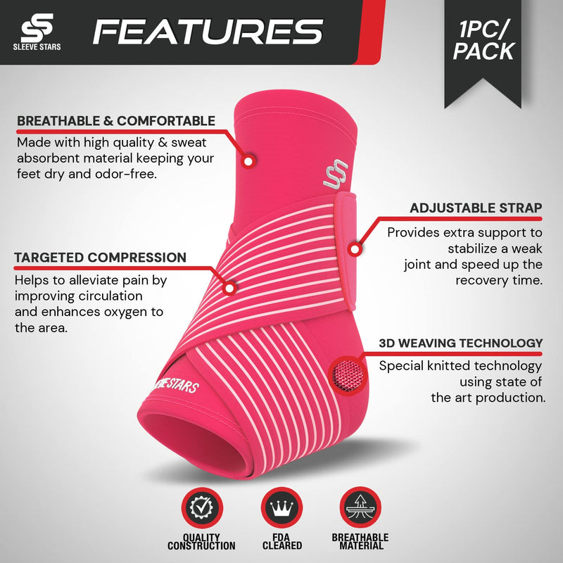 [Australia] - Sleeve Stars Ankle Brace for Plantar Fasciitis Relief, Ankle Wrap for Sprained Ankle, Ankle Brace for Women & Men, Heel Protectors Sleeve w/ Ankle Support Strap, Heel Brace for Heel Pain (Single/Hot Pink) 1 Hot Pink 