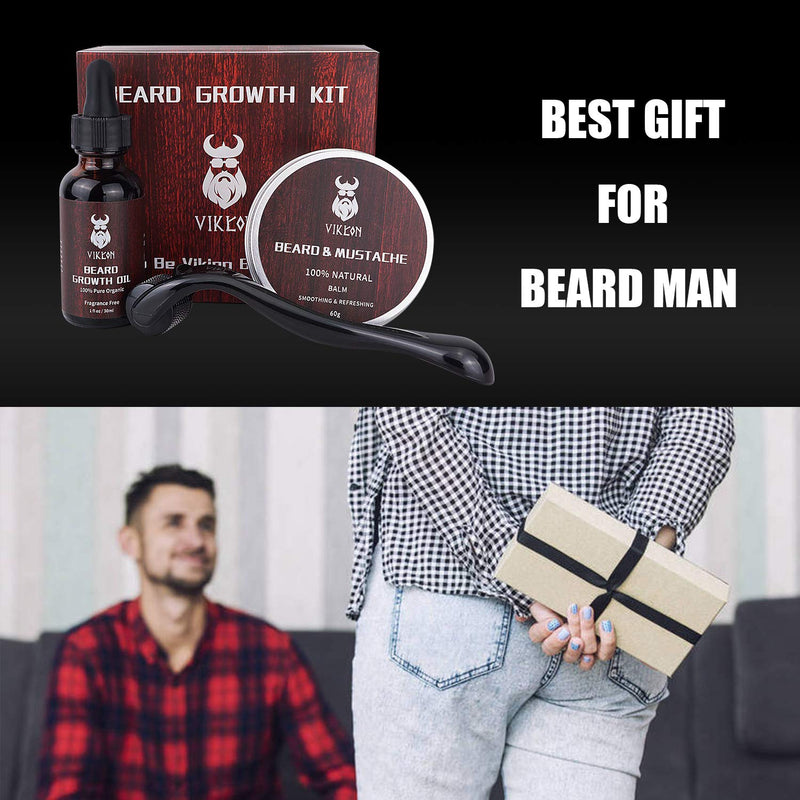 [Australia] - Beard Growth Kit, Beard Derma Roller Kit for Men, Patchy Facial Hair Growing Kit, Beard Growth Serum Oil + Beard Balm + Titanium Microneedle Roller, Let it Grow 