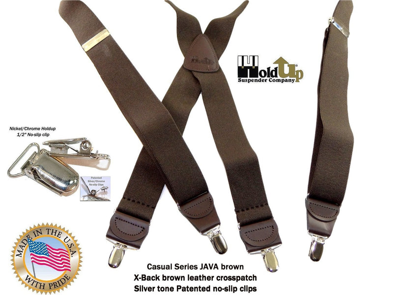 [Australia] - Hold-Up Dark Java Brown X-back Suspenders with Patented No-slip Silver Clips 