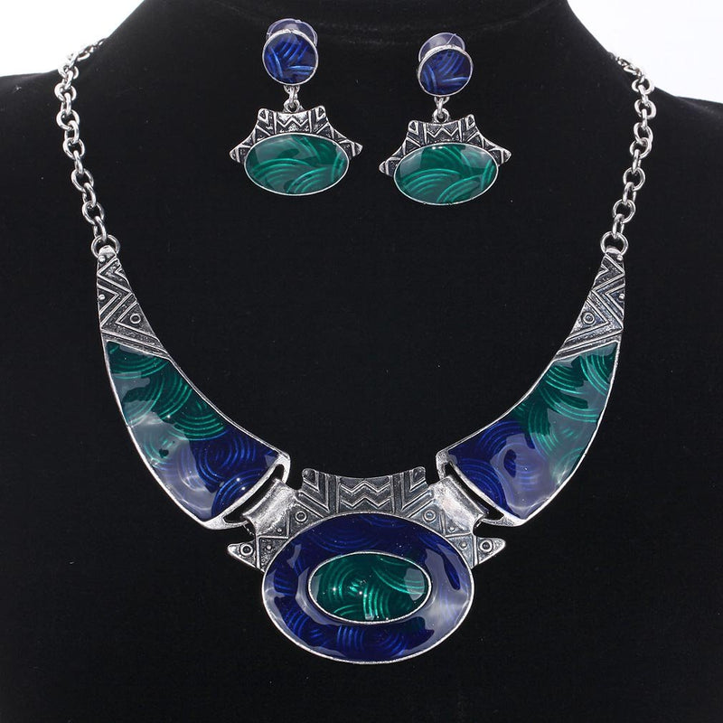 [Australia] - YAZILIND Ethnic Color Embossed Oval Gangle Bib Collar Earrings Necklace Jewelry Set Women Dark Blue 