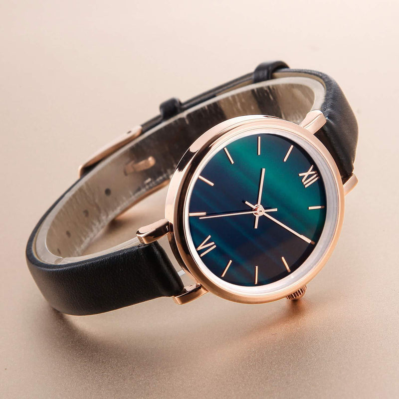 [Australia] - Women Watches Leather Ladies Watches Rose Gold Case Wrist Watch Simple Fashion Leather Strap Watch Elegant Analogue Quartz Watches for Women A-Black 