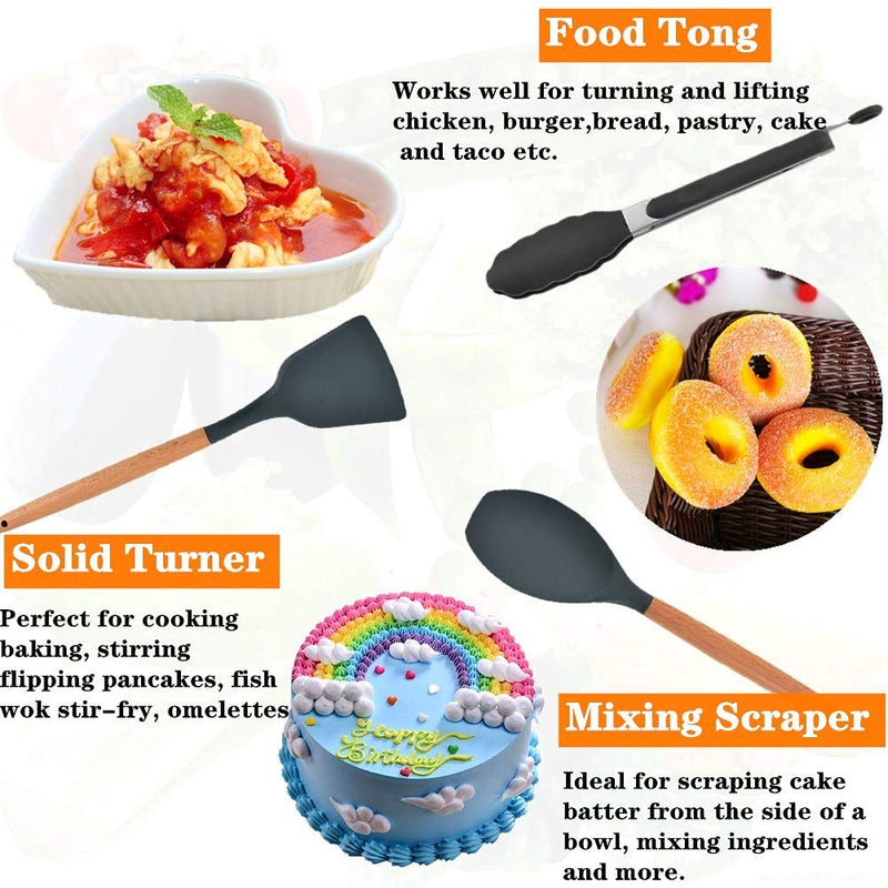 [Australia] - Cozywind Cooking Utensils Set with Holder Silicone Kitchen Utensils Set,12 pcs Wooden Handles, Kitchen Spatula Set Non-Stick 