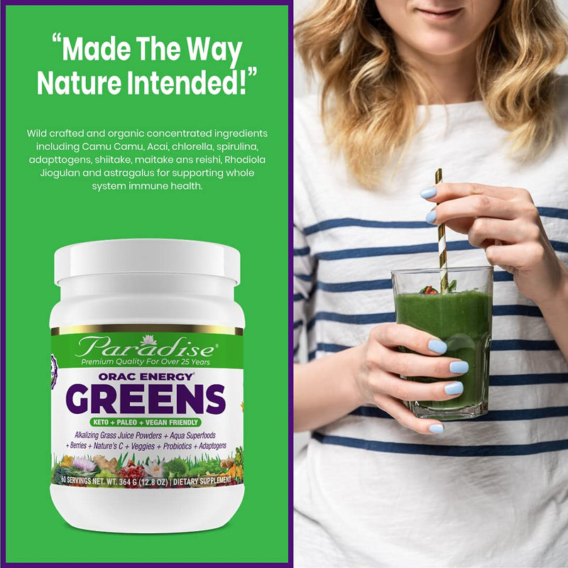 [Australia] - Paradise ORAC Energy Greens | Organic Alkalizing Grass Juice Powder Extracts | Organic Veggies and Berries, Adaptogens & Probiotics | Keto + Paleo + Vegan Friendly Green Superfoods |12.8 Ounces, 60 Servings 60 Servings (Pack of 1) 