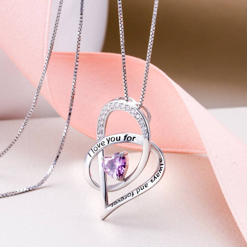 [Australia] - EVER FAITH Women's 925 Sterling Silver Zircon"I love you for always and forever" Heart Pendant Necklace Purple 