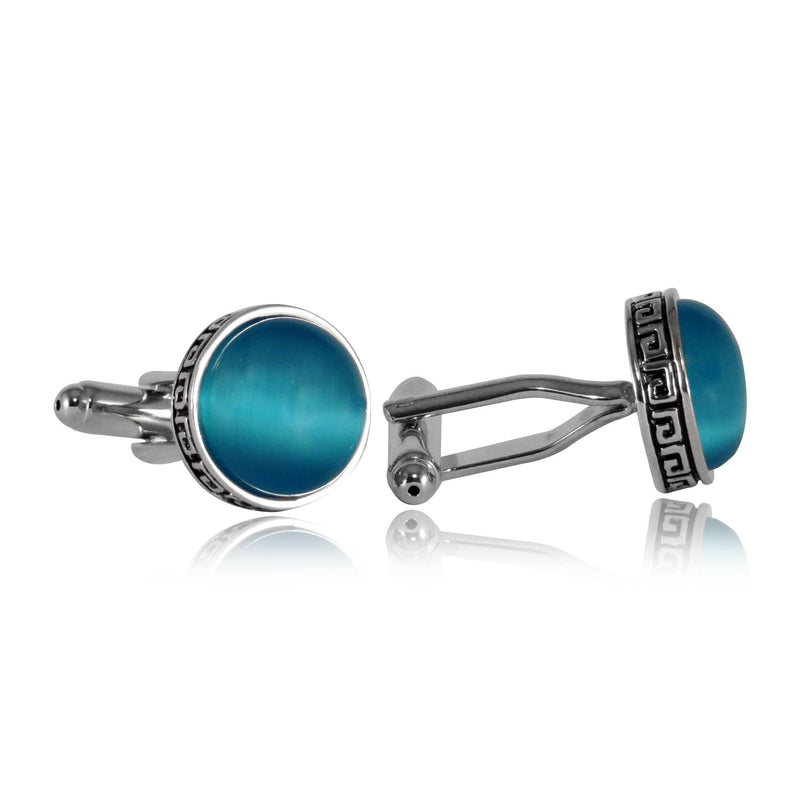 [Australia] - Cuff-Daddy Greek Aquamarine Blue Catseye-Style Cufflinks with Presentation Box 