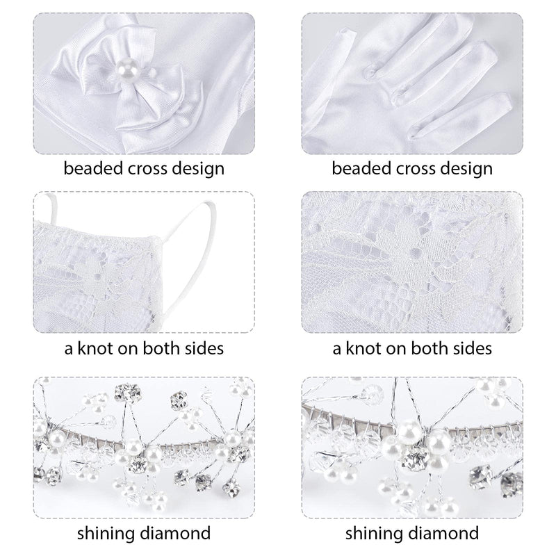 [Australia] - Vicpen 3 Pieces First Holy Communion Gorgeous Satin Fancy Princess Gloves, Face Covering Lace Cloth Face Covering Lace Dustproof Mouth Cover and Faux Pearl Princess Headband Floral Hair Accessory Set 
